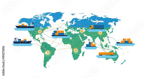 Global Shipping Map with Cargo Ships.