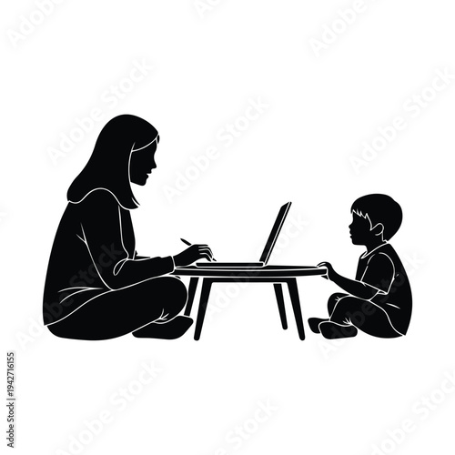 Mother and child working together on laptop at home