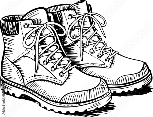 Black and white of sturdy lace up hiking boots a white background shoes footwear