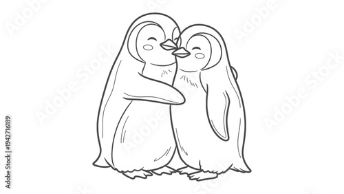 Adorable Penguin's Embrace: Two charming penguins share an affectionate hug, their bond a heartwarming display of love and companionship, illustrated with delicate line art.