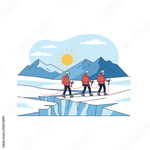 Three mountaineers crossing a crevasse on a glacier.