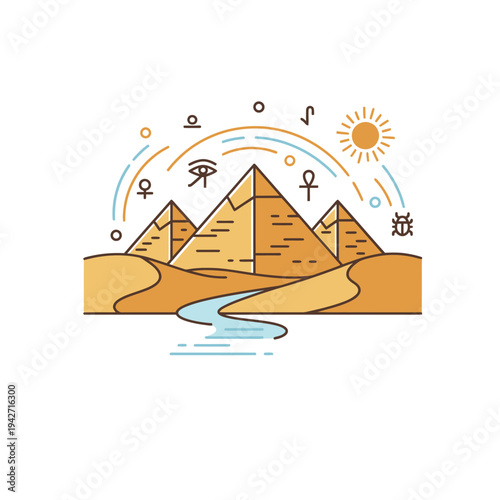 Ancient Egyptian Pyramids and Nile River Landscape.