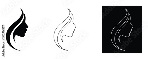 Three stylized woman face silhouettes with flowing hair on white background