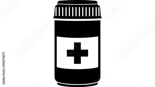 Black and white medicine bottle icon with medical cross label, simple flat vector silhouette for pharmacy, healthcare app UI, packaging, infographic, web