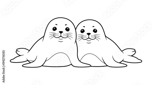 Playful Pair: Charming seals are seen side-by-side, sharing a moment of calm and companionship, evoking a sense of serenity in this monochromatic composition.