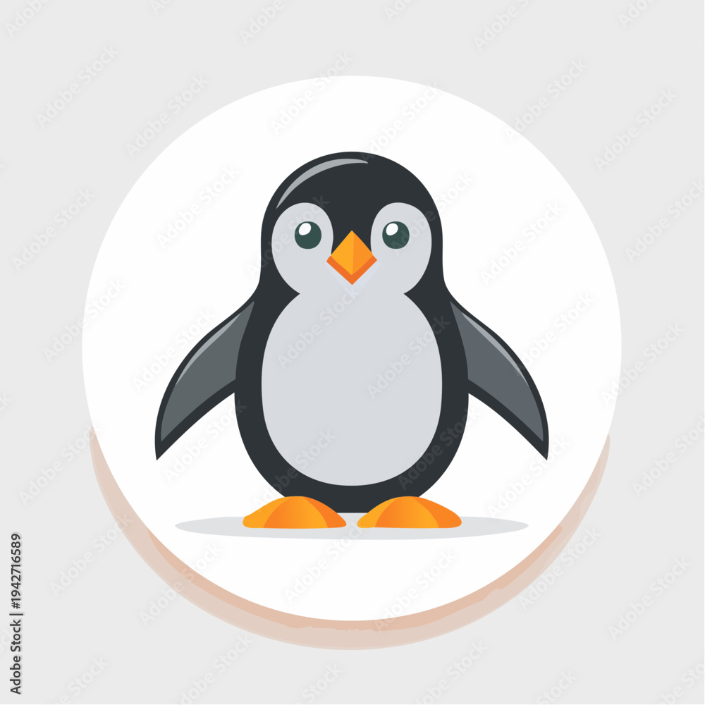 Fototapeta premium Adorable Flat Vector Illustration of a Cute Cartoon Penguin Standing in a White Circular Icon. Perfect for Apps, Websites, or Educational Content