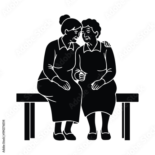 Two elderly women sitting together on a bench sharing a moment