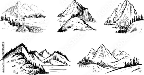 Collection of hand drawn mountain landscapes with trees and water bodies in style