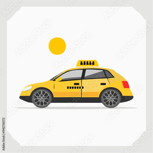 A flat design illustration depicting a bright yellow taxi car with a roof sign, perfect for urban transportation and city travel concepts