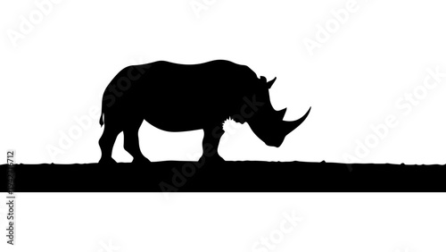 Black rhinoceros silhouette walking on ground line, side view wildlife animal vector illustration isolated on white background for logo, poster, banner