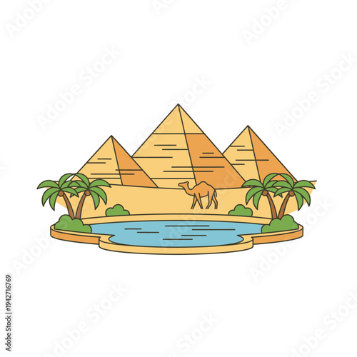 Ancient Egyptian Pyramids Oasis Camel Palm Trees.