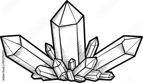 Hand Drawn Black and White Cluster of Quartz Crystals White Background mineral geode