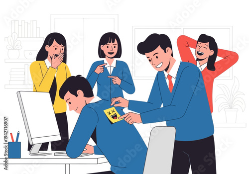 Premium April Fools Day Office Prank Concept with Coworkers Sticking Funny Note on Colleague's Back Flat Vector