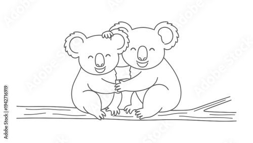 Cuddle Koalas in monochrome : Two adorable koalas, captured in a heartwarming embrace on a tree branch, their smiles radiating warmth and companionship. 