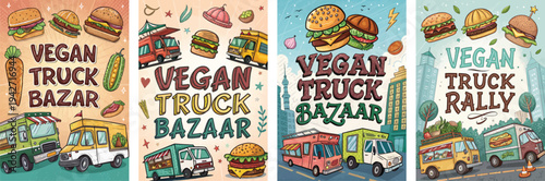 Colorful illustrations of vegan truck bazaars featuring diverse food trucks and dishes.