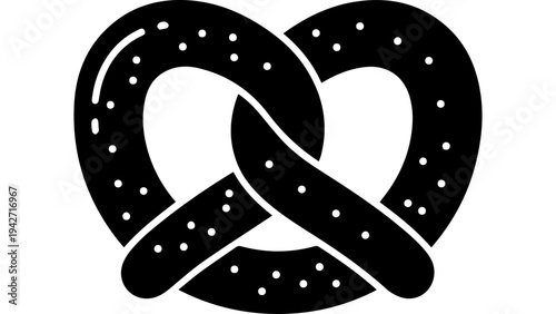 Black pretzel silhouette icon with salt grains, minimalist flat bakery snack symbol isolated on white background, simple vector illustration for packaging and menus