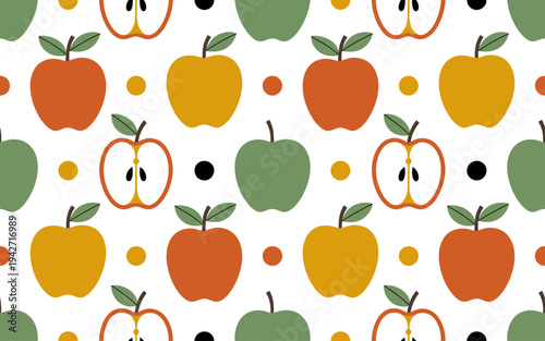 Seamless pattern of whole and halved apples in orange green and yellow with polka dots