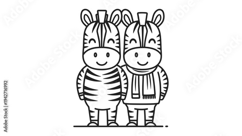 Adorable Zebra Duo: Two charming zebras, depicted in a delightful illustrative style, stand side by side, embodying unity and companionship.  