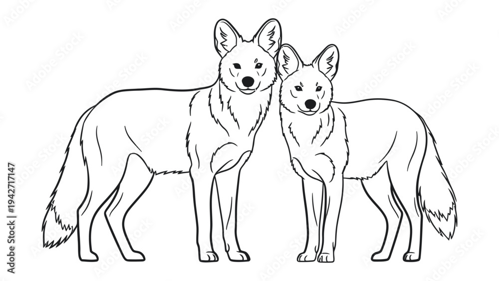 Obraz premium Coyote Duo: Two coyotes stand side-by-side, showcasing their sleek forms, alert expressions, and enduring connection in a simple, elegant style.
