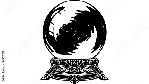 Black and white crystal ball silhouette vector illustration with decorative stand, mystical fortune telling icon for magic, occult, tarot, halloween design