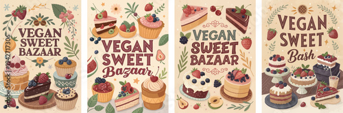 Colorful vegan sweet bazaar posters featuring delicious desserts and pastries.