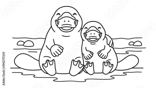 Smiling Platypus Pair: A delightful outline illustration of two happy platypuses, one adult and one young, sitting together near the water's edge with big smiles and open arms.
