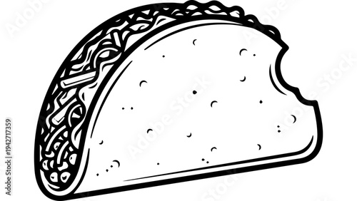 Black and white hand drawn taco silhouette with bite mark, Mexican food outline vector illustration in sketch style for restaurant menu, logo, label, packaging