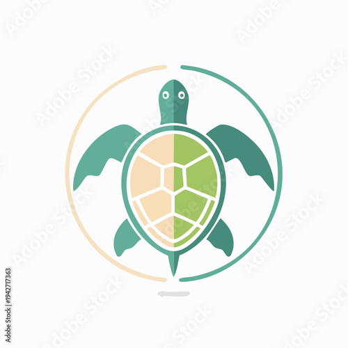 Stylized Green Sea Turtle Icon Design with Cream and Green Shell Pattern in a Circular Frame, Emblematic Marine Life Symbol