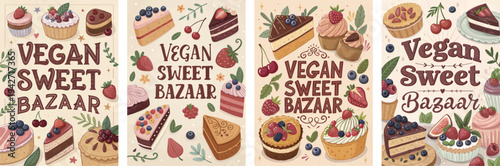 Colorful illustrations of vegan desserts showcased in a sweet bazaar theme.