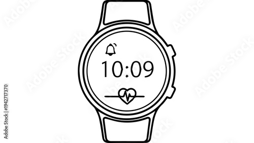Smartwatch outline icon vector with round display showing time 10:09, minimal black and white wrist watch illustration for app UI, web, infographic