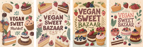 Colorful illustrations of a vegan sweet market showcasing desserts and pastries.