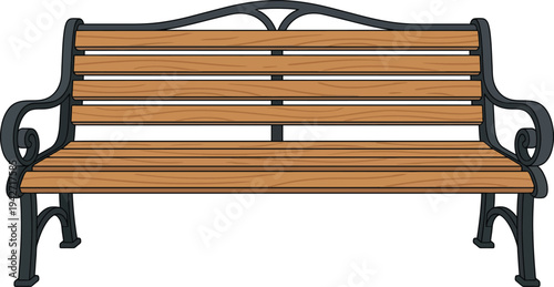 A classic park bench with wooden slats and black ornate metal legs and armrests