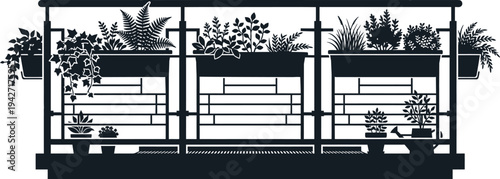 Balcony railing filled with various potted plants and ferns creating a lush green urban oasis silhouette