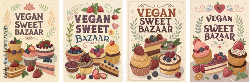 Colorful vegan dessert posters featuring cupcakes and sweet treats.