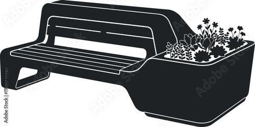 Modern park bench with integrated planter filled with various green plants and flowers on a white