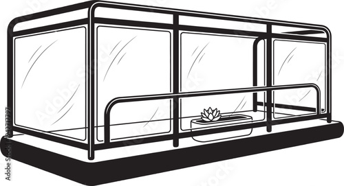 Modern glass bus stop shelter with a single potted plant on a white background