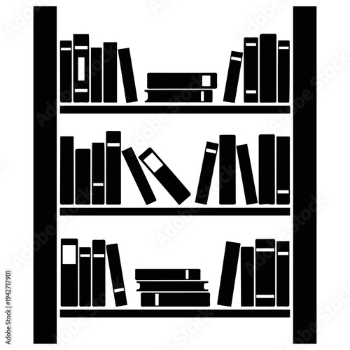 Print Bookshelf Silhouette Icon, Stacked Books on Shelves