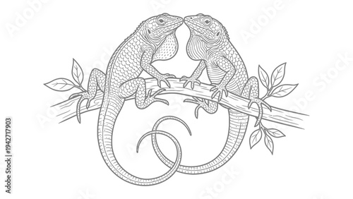 Lizards in Embrace: Two stylized lizard figures intertwine on a branch, their graceful forms harmonizing in a tender, delicate illustration.
