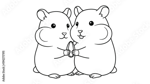 Friendly Hamsters' Sharing Moment: Two adorable hamsters, in a tender embrace, share a sunflower seed, depicting camaraderie and companionship. A monochrome illustration.