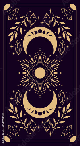 Magical tarot card with astrology symbols. Vector illustration template, boho style