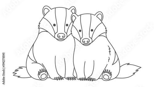 Whimsical Badger Duo: A delightful line drawing of two adorable badgers, sitting side-by-side, showcasing their distinctive markings and creating a heartwarming scene.