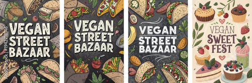 Colorful vegan street food illustrations for a vibrant street bazaar and sweet fest.