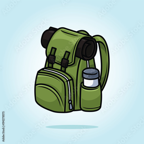 Green Backpack Traveling Camping Equipment Cartoon Icon Vector Illustration. Isolated background. Camping, Hiking, Traveling Picnic Set Concept