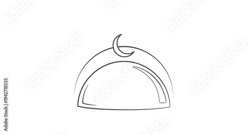 Hand-drawn sketch of an Islamic mosque dome with a crescent moon, symbolizing Muslim religion and spirituality, line art graphic icon.