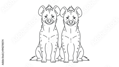 Hyena Illustration: Two hyenas are depicted in a symmetrical, stylized line art illustration, their distinctive features clearly outlined against a clean background.