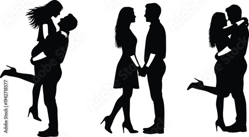 Romantic couple silhouette collection showing hugging kissing lifting and holding hands poses isolated black vector illustration for love relationship concept