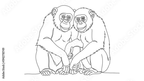 Affectionate Chimpanzee Bond: Two chimpanzees share an intimate moment, their closeness and connection beautifully depicted in this simple, yet powerful, line drawing.
