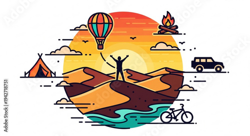 Person celebrating in desert landscape with hot air balloon tent campfire suv and bicycle at sunset