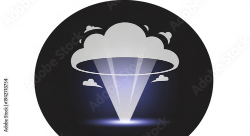 Glowing ufo cloud formation with beam of light emitting from center in dark circle background