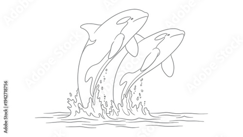 Orcas in Action: Two majestic orcas leap gracefully from the ocean, creating a splash. Their forms are captured in an artistic line drawing, highlighting their power and the beauty of the sea.